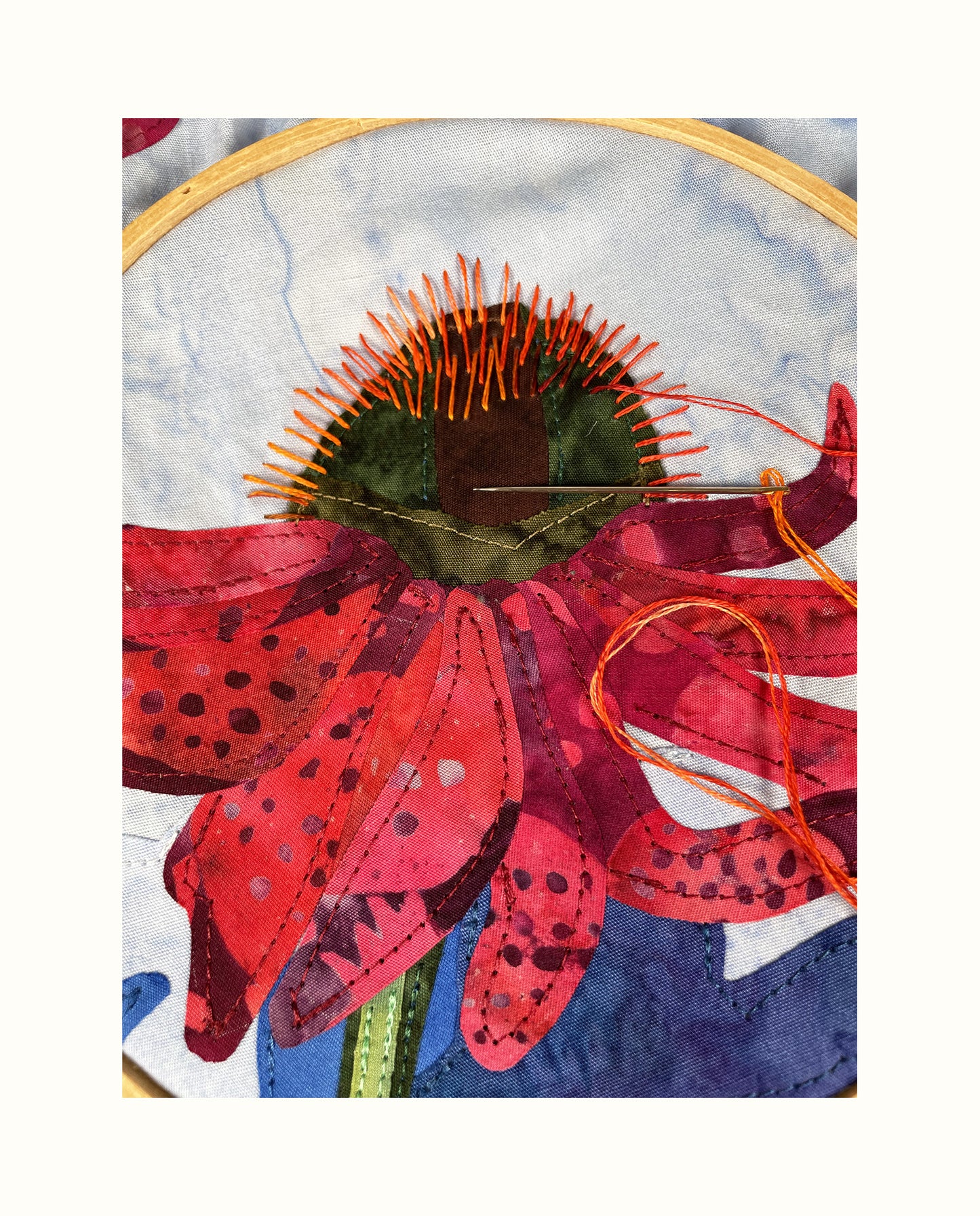 Fabric Collage Art - Cone Flowers with Monarch Butterfly