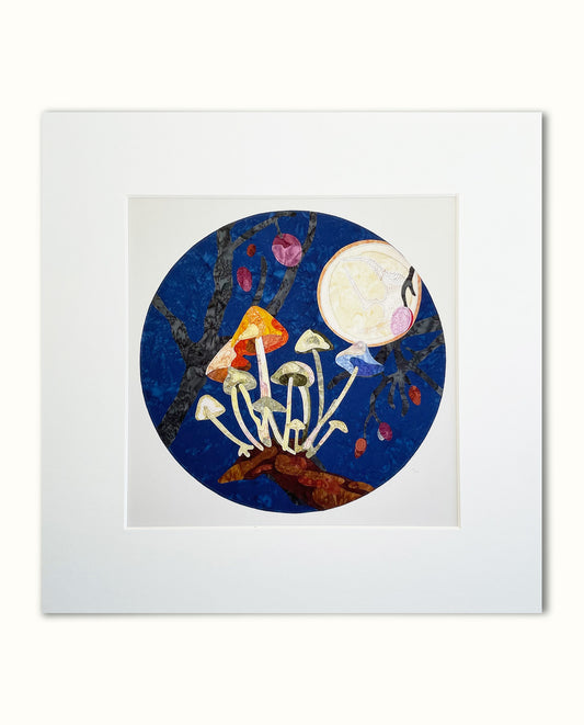 Fabric Collage Print - Bioluminescent Mushrooms