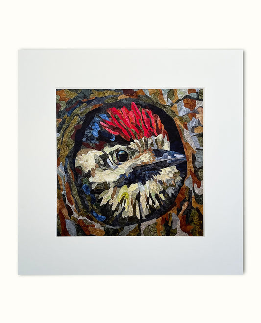 Fabric Collage Print - Downy Woodpecker