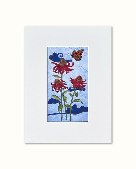 Fabric Collage Print - Cone Flowers with Monarch Butterfly