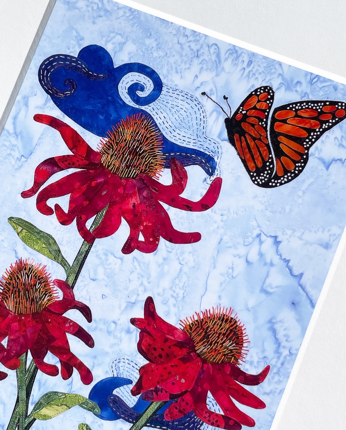 Fabric Collage Print - Cone Flowers with Monarch Butterfly