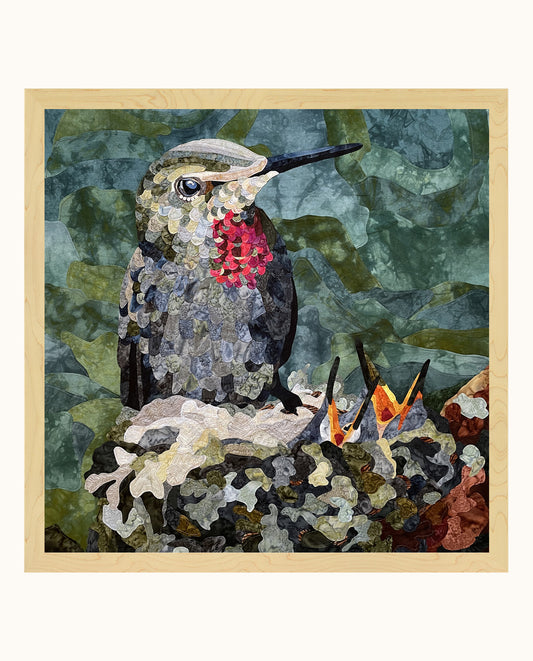 Fabric Collage Art - Ruby Throated Hummingbird