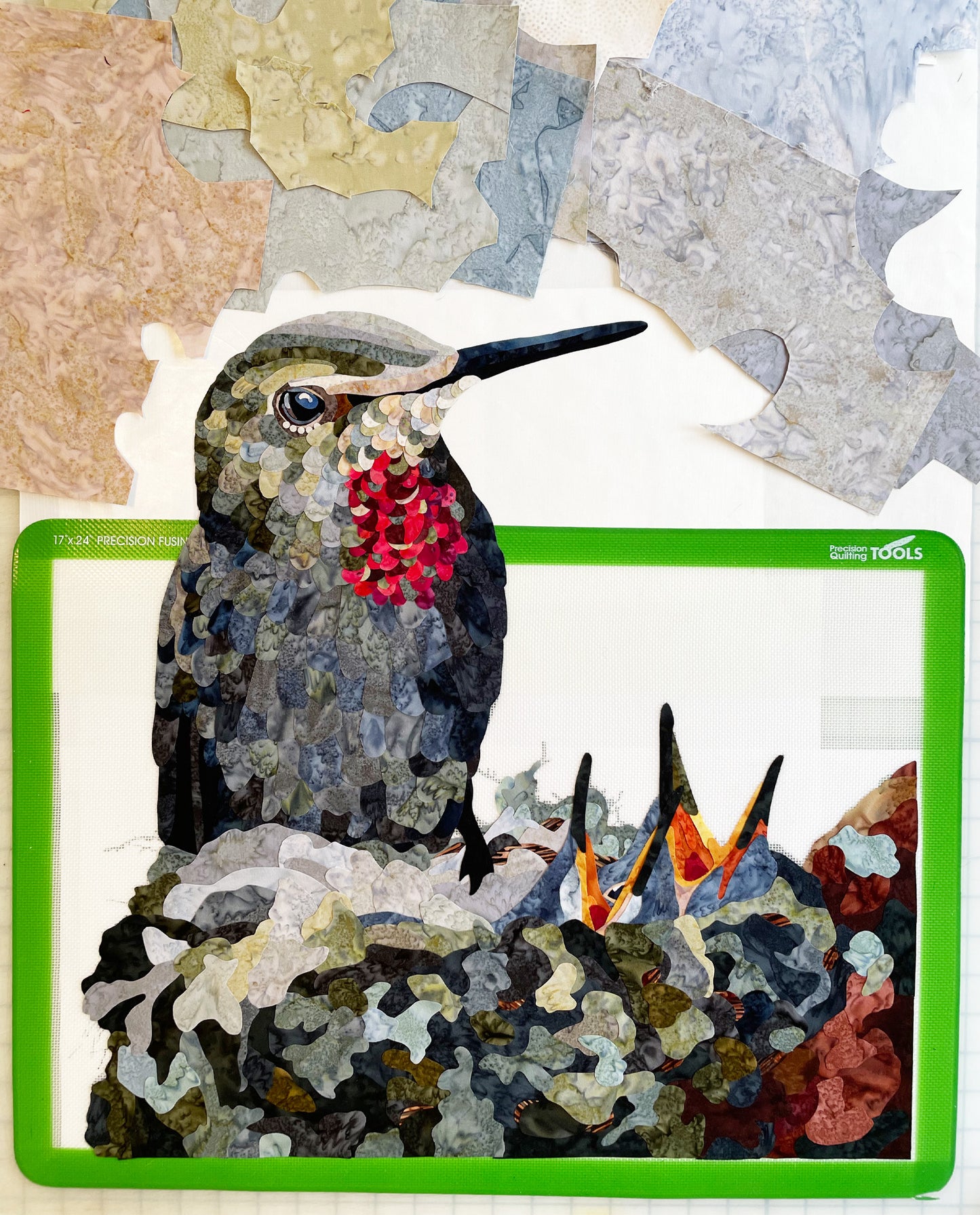 Fabric Collage Art - Ruby Throated Hummingbird