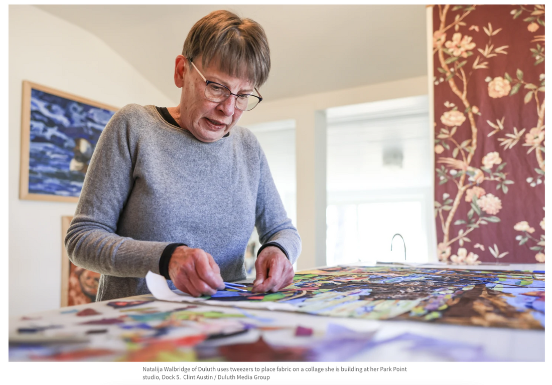 Natalija Walbridge demonstrating how she creates a fabric collage, photo credit Clint Austin, Duluth News Tribune