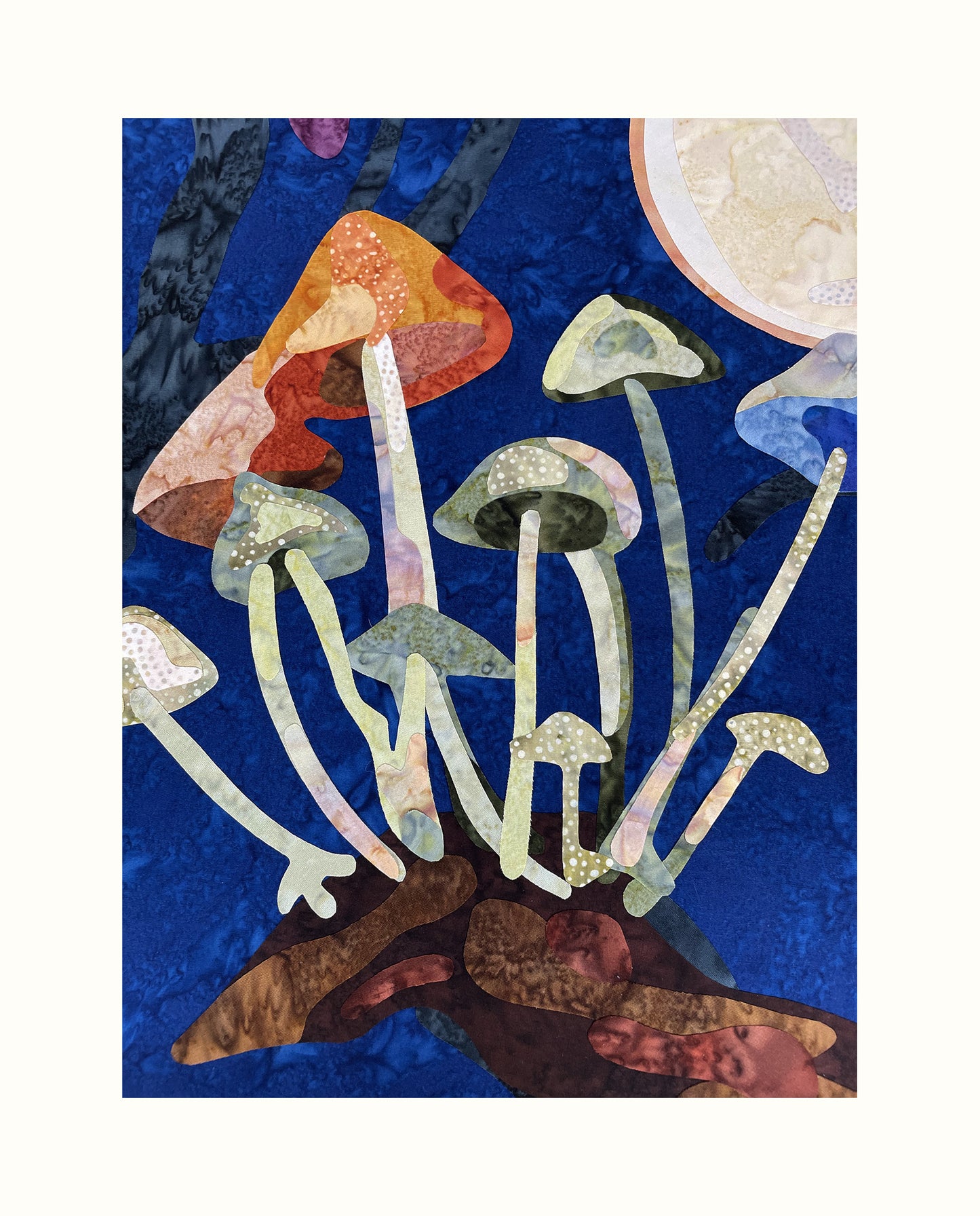 Fabric Collage Art - Bioluminescent Mushrooms