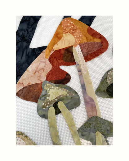 Fabric Collage Art - Bioluminescent Mushrooms