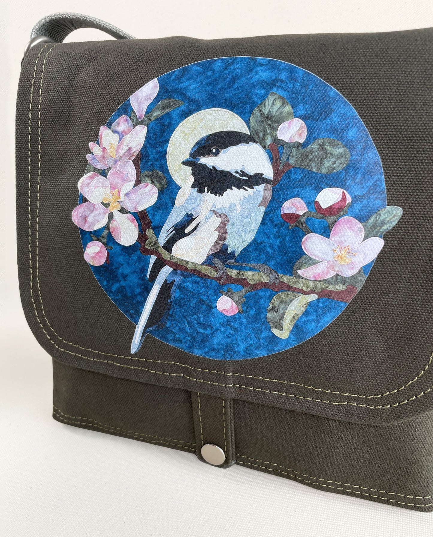 Mini-Messenger Bag: Chickadee with Crab Apple Blossoms
