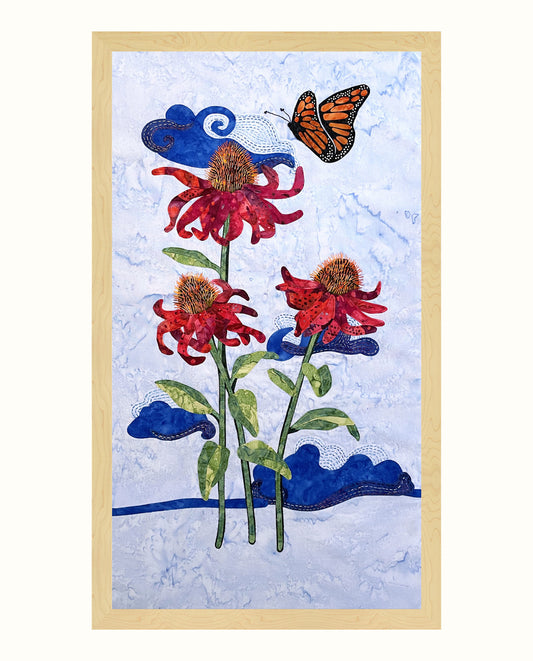 Fabric Collage Art - Cone Flowers with Monarch Butterfly