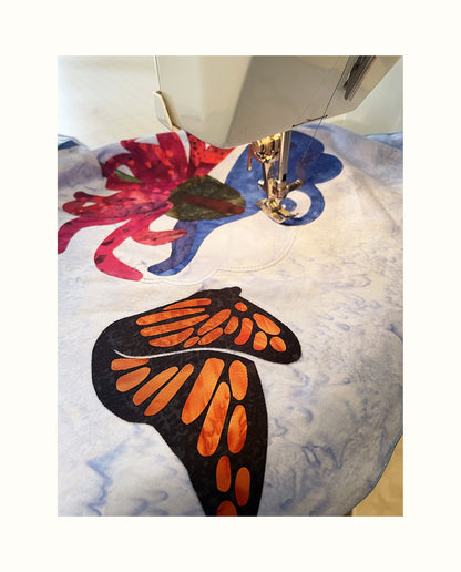 Fabric Collage Art - Cone Flowers with Monarch Butterfly