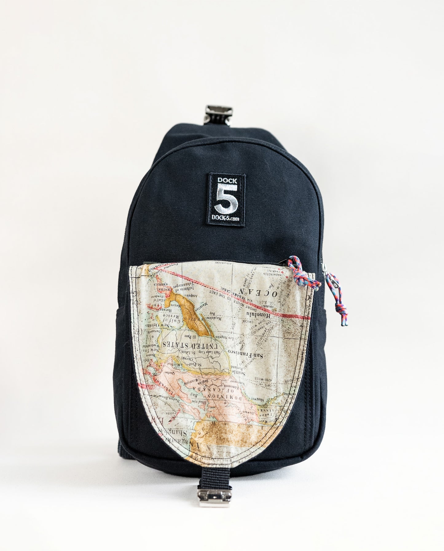 Dock 5’s hand-sewn Lake Superior Canvas Sling Bag is lined with a vintage ocean map fabric