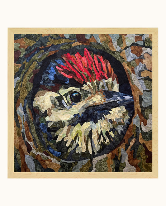 Fabric Collage Art - Downy Woodpecker