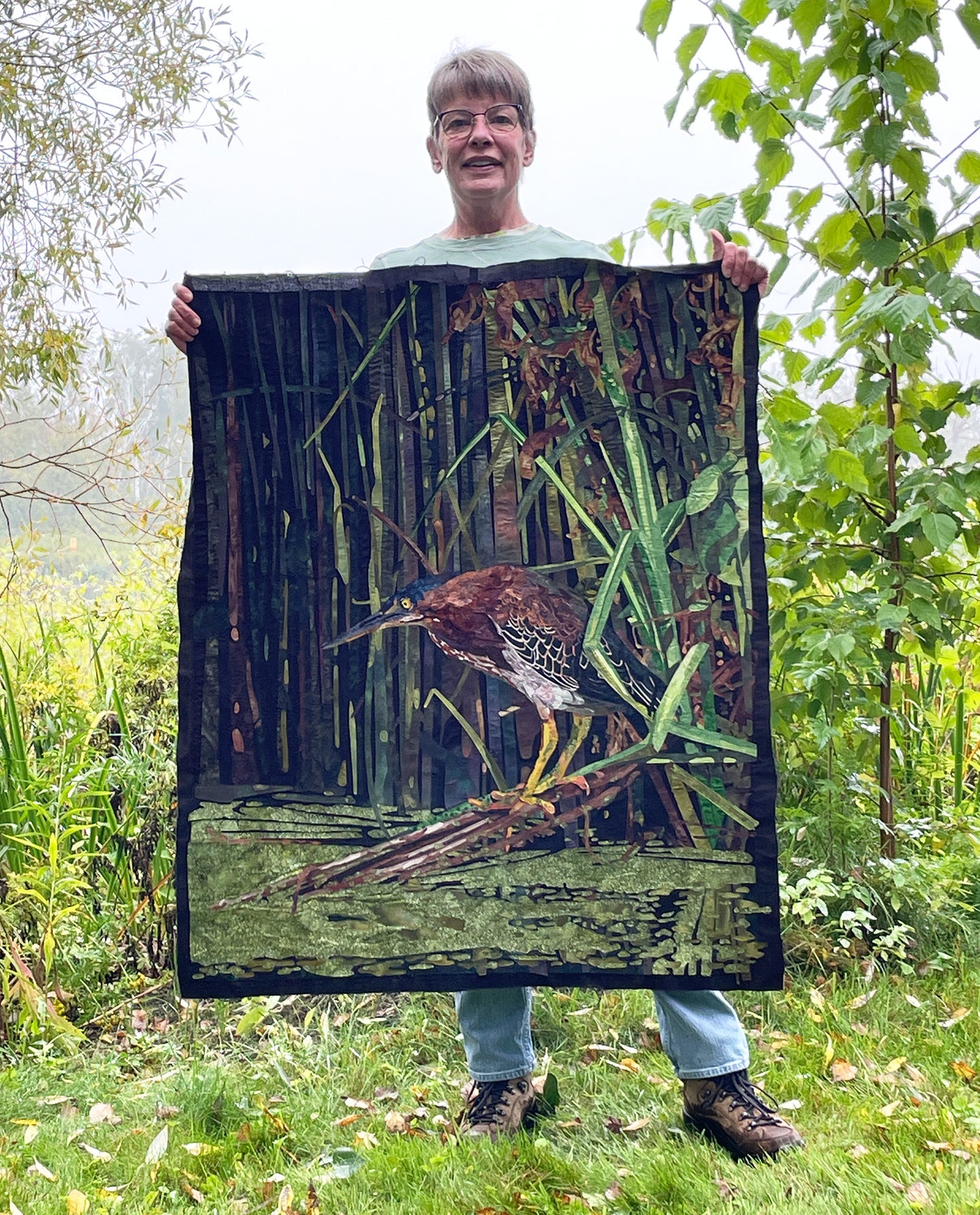 Fabric Collage Art - Green Heron