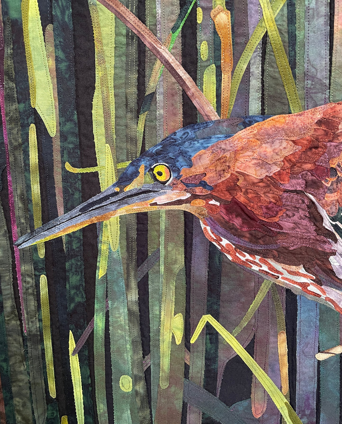 Fabric Collage Art - Green Heron