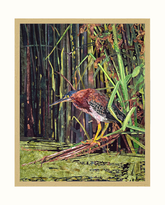 Fabric Collage Art - Green Heron