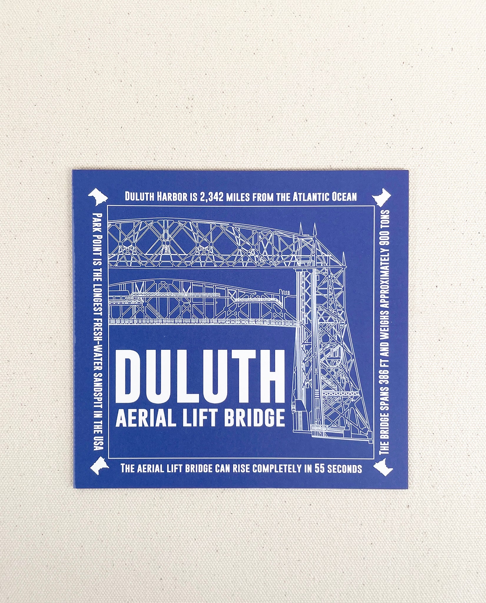 Lift Bridge note card with blue background. Original art by Natalija Walbridge Dock 5