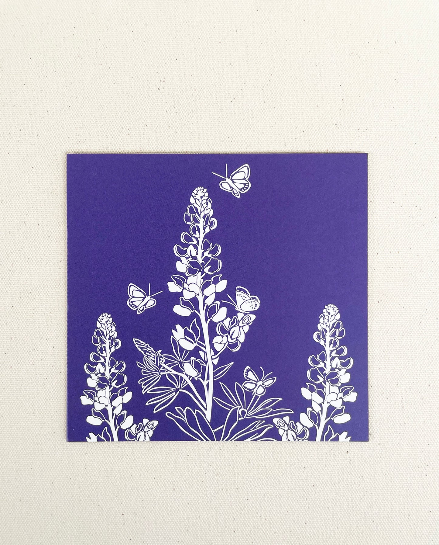 Lupine note card with purple background. Original art by Natalija Walbridge Dock 5