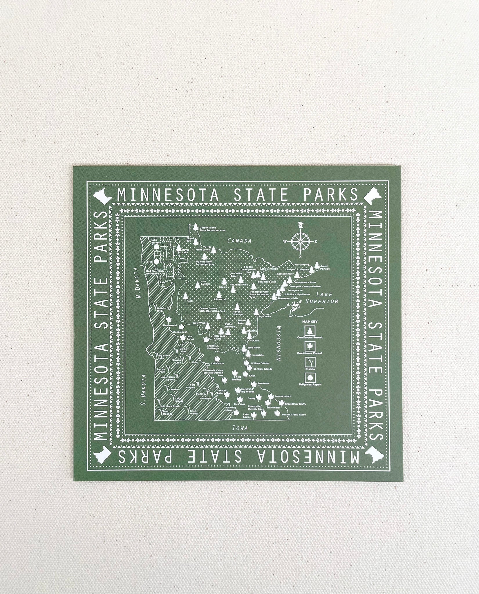 Minnesota State Parks Map note card with green background. Original art by Natalija Walbridge Dock 5