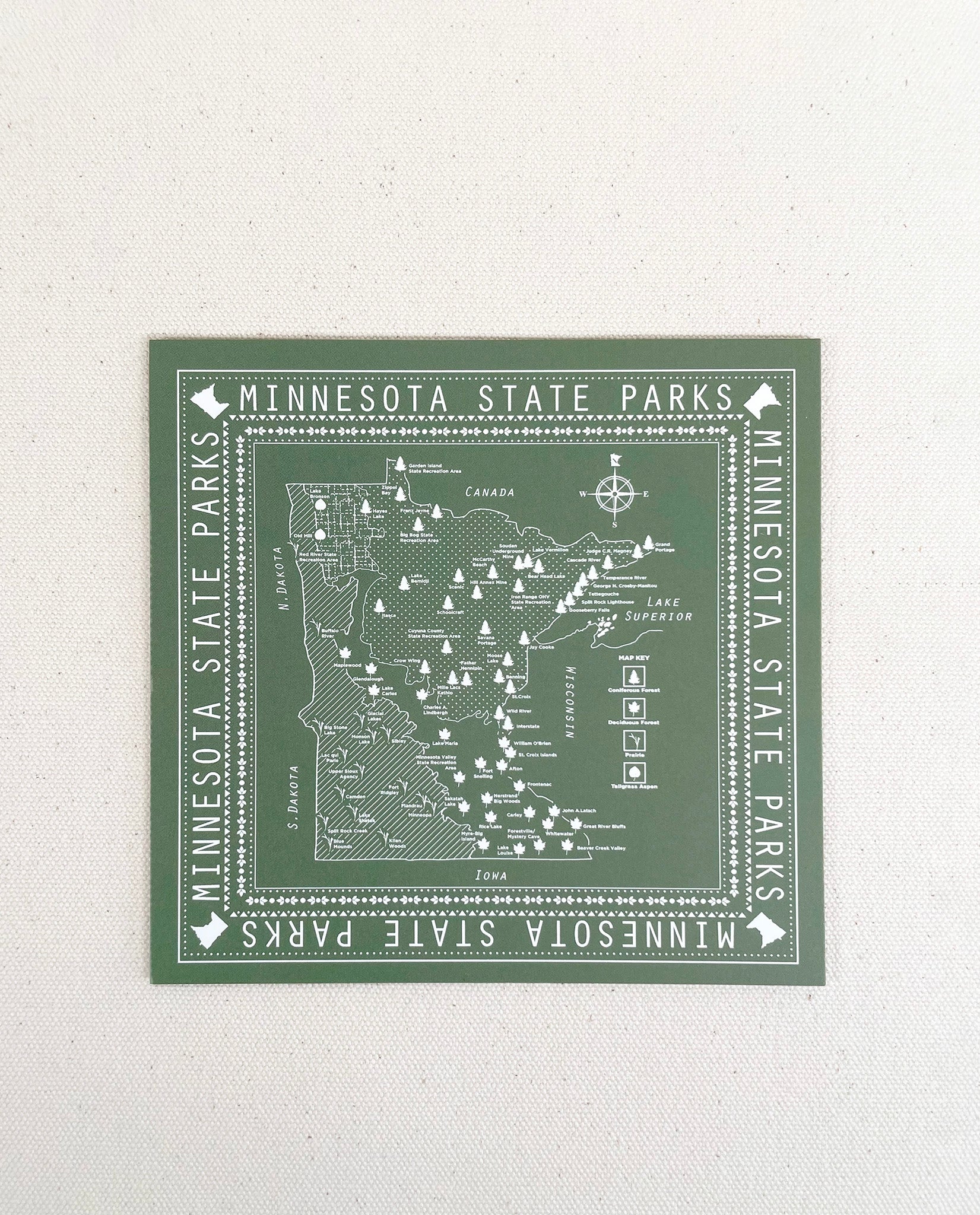 Minnesota State Parks Map note card with green background. Original art by Natalija Walbridge Dock 5