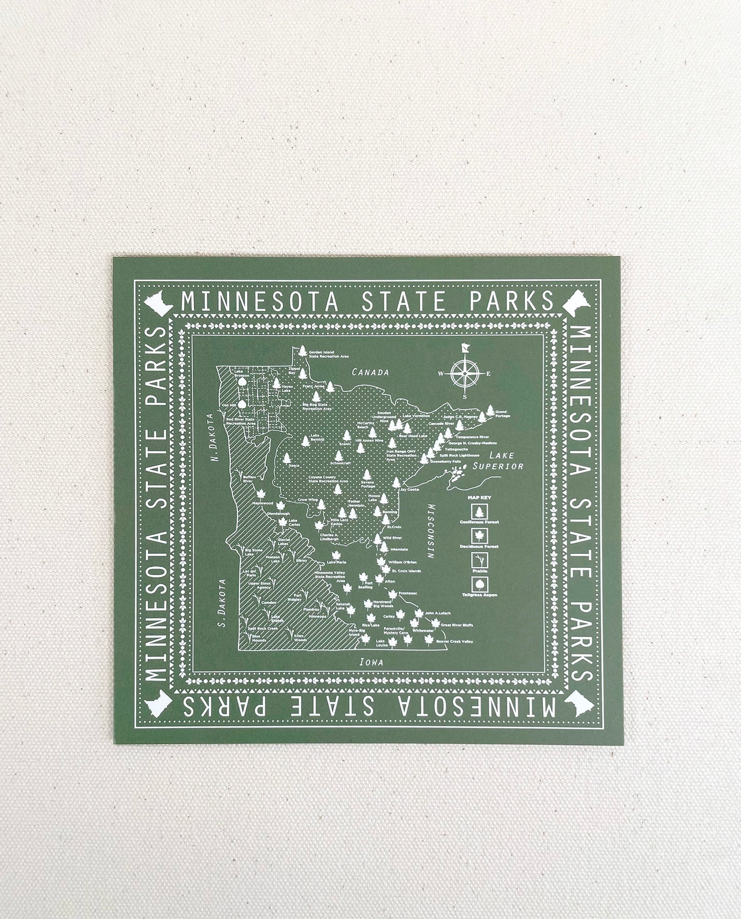 Minnesota State Parks Map note card with green background. Original art by Natalija Walbridge Dock 5