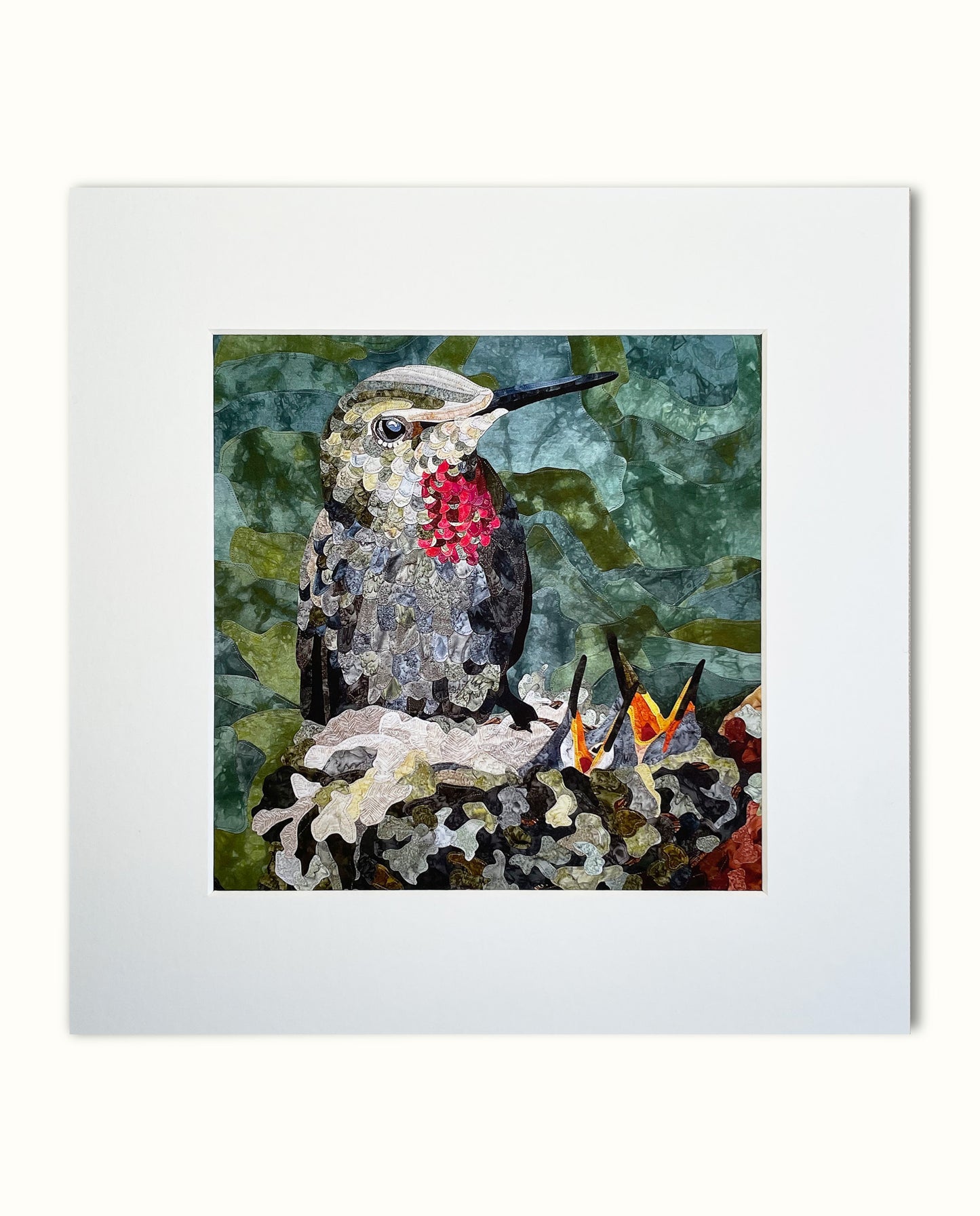 Fabric Collage Print - Ruby Throated Hummingbird