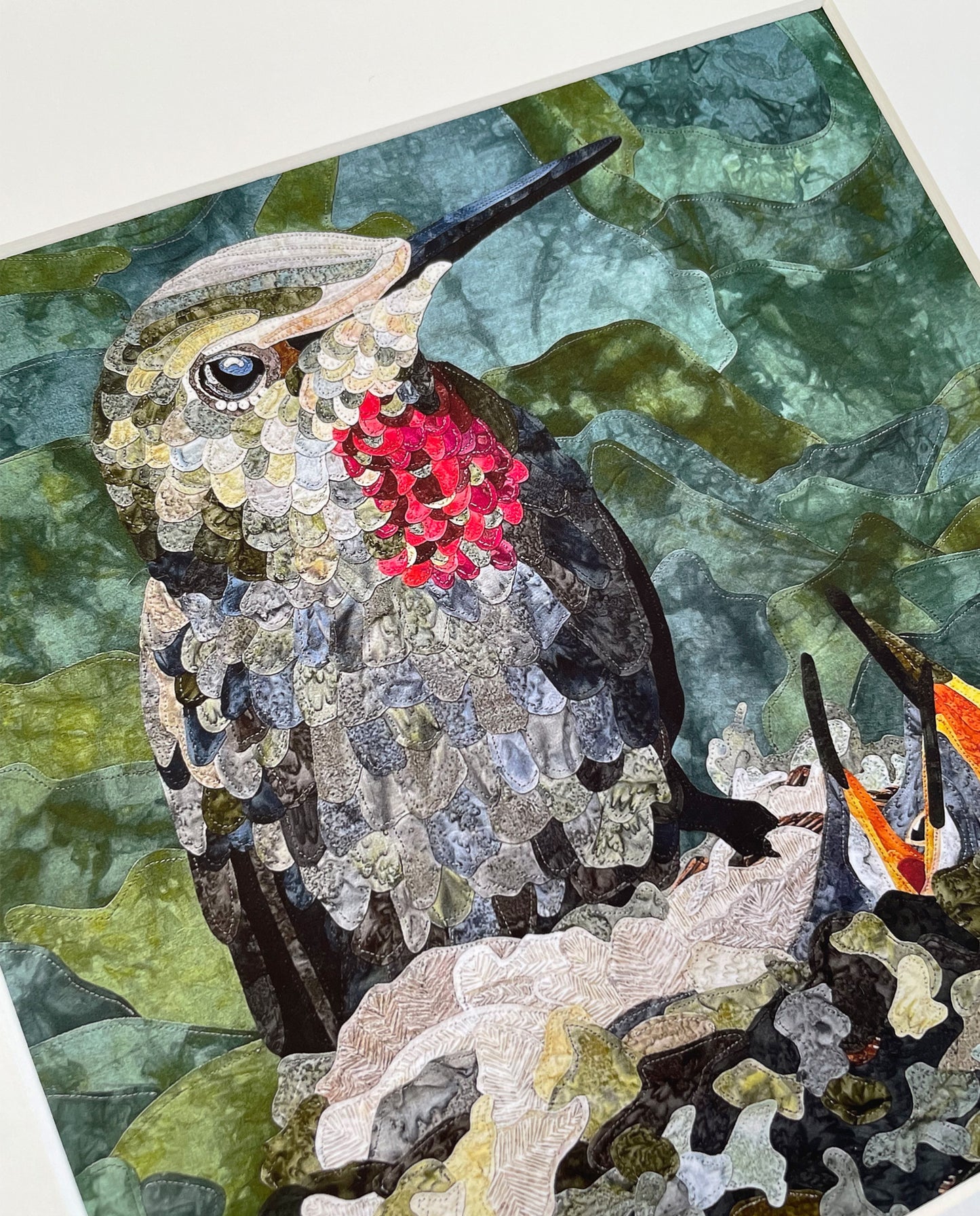 Fabric Collage Print - Ruby Throated Hummingbird