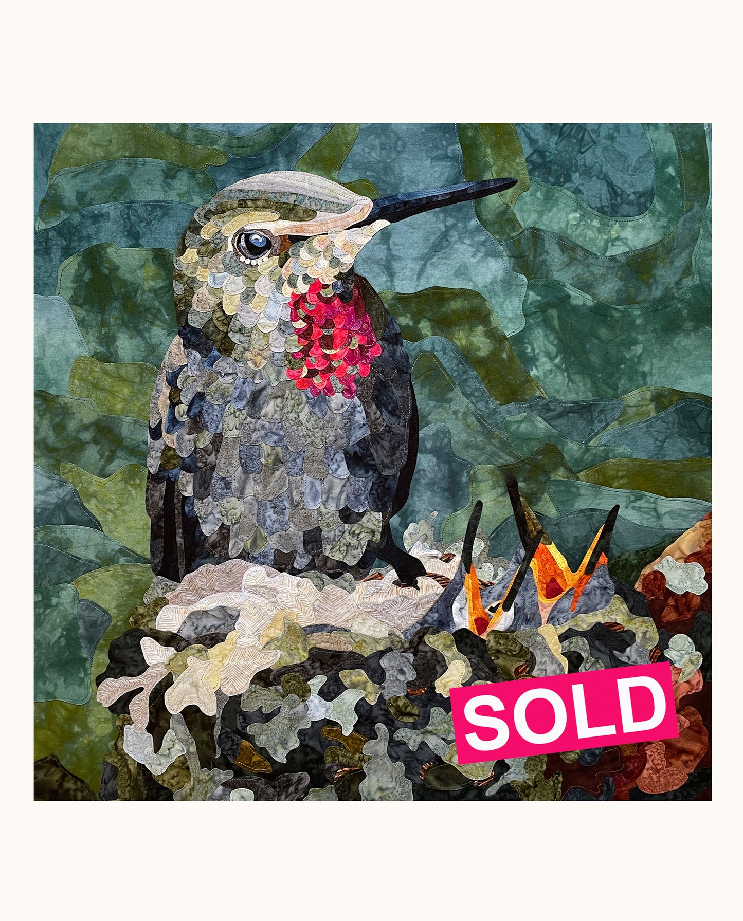Fabric Collage Art - Ruby Throated Hummingbird