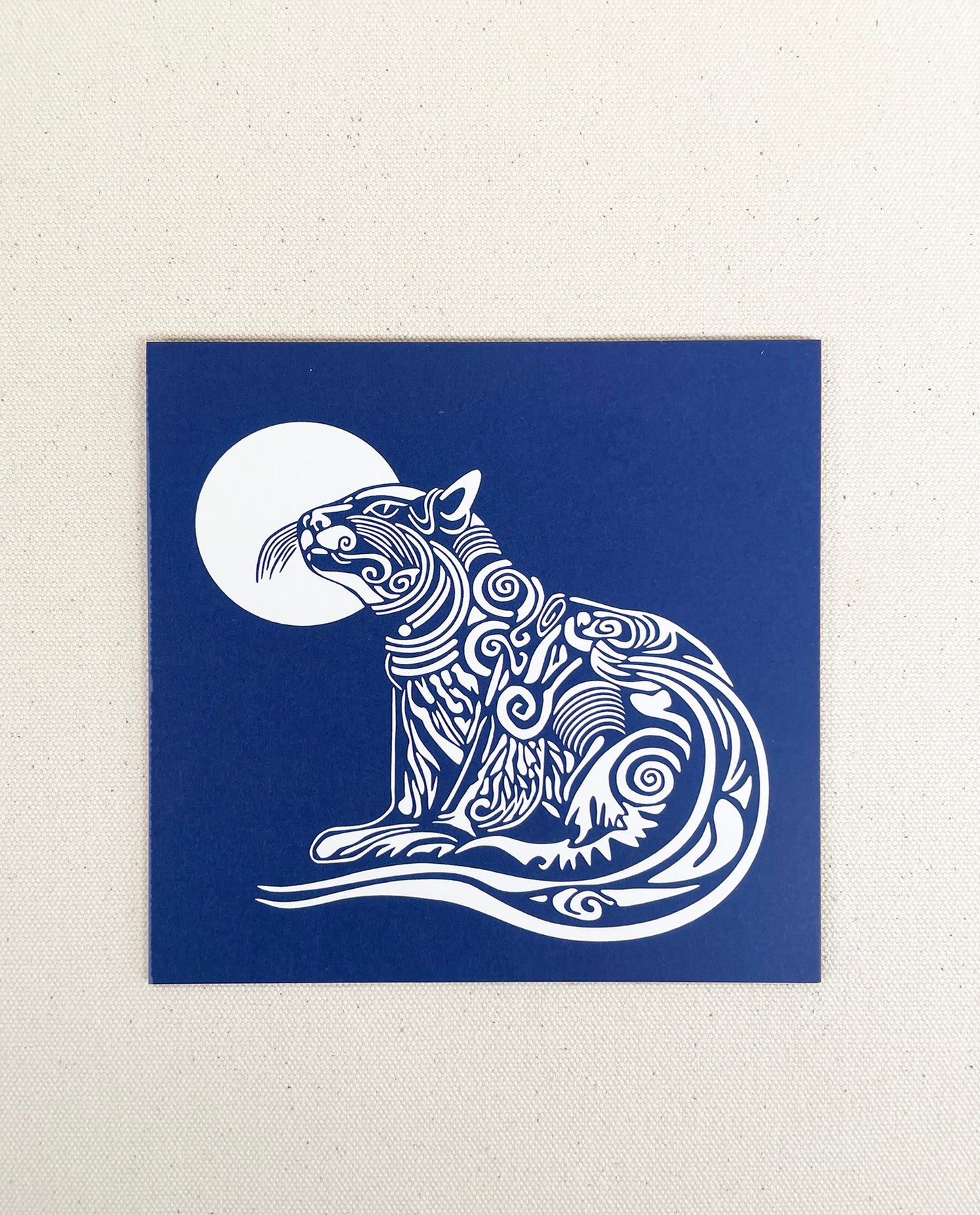 Wild Cat note card with dark blue background. Original art by Natalija Walbridge Dock 5
